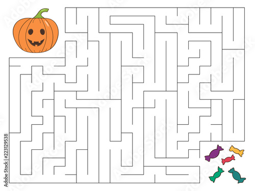  Halloween maze game for kids. Help the pumpkin find the right way to candies. Cartoon style vector illustration.