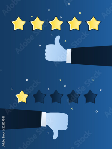 Concept of rating. Customer review. One and five star rating. Thumb down, dislike.
