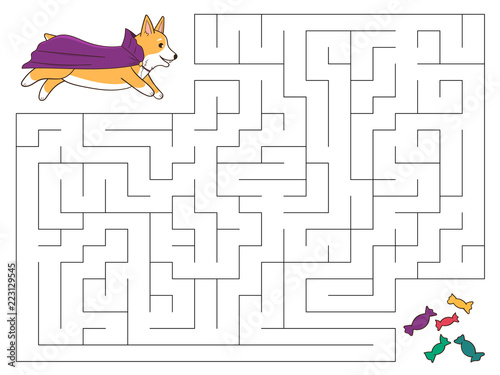 Halloween maze game for kids. Help the dog find the right way to candies. Cute cartoon Welsh Corgi dressed up as a vampire. Vector illustration