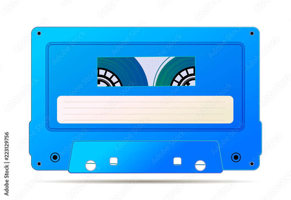 Obraz premium Realistic blue audio cassette with magnetic tape, vintage object isolated on white