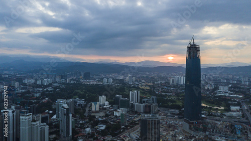 Photography Aerial view of Kuala Lumpur Skyline with KL Tower in Malaysia
