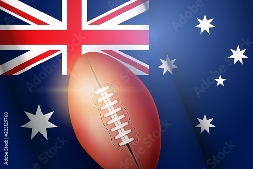 Poster of Australian football ball on Australian Flag Backgound. Football and Soccer Games. Sport equipment and teams. Vector Illustration