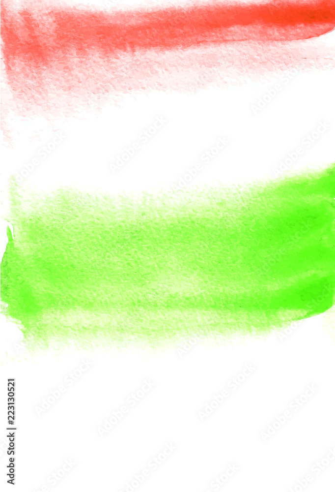 Naklejka premium Card with green and red blots. Watercolor painting for design. Abstract bright textured backdrop. Postcard, banner, logo, invitation. Hand paint isolated on white background. Vector illustration.
