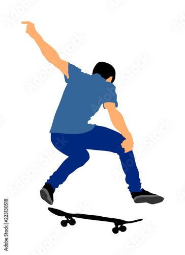 Extreme sport game, skateboarder in skate park, air jump trick. Skateboard vector illustration isolated on white background. Outdoor urban action. Gymnastic jumping with board. Street show performer.