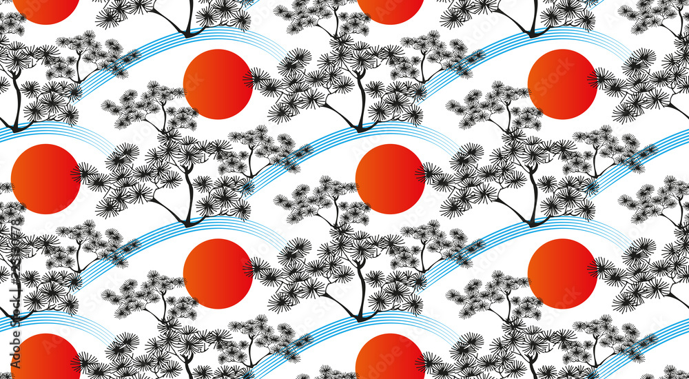 asian style seamless pattern with pine tree landscape in red and blue