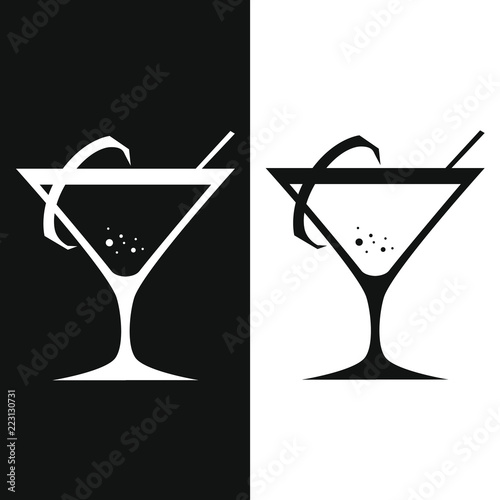 Glass of martini with lemon crust and straw. Two-tone version on black and white background. Vector illustration