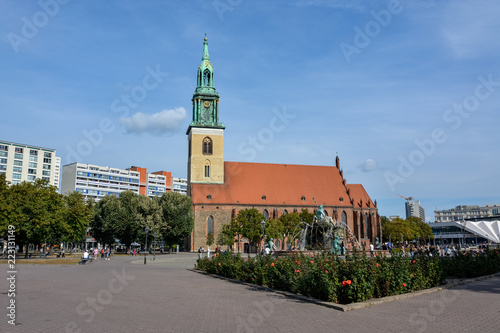 Church St. Marienkirche near Alexander square with the television tower in Berlin