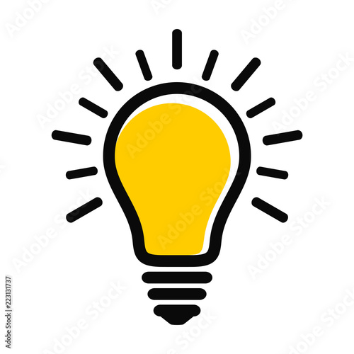Modern yellow light bulb icon with rays. Idea and creativity symbol.