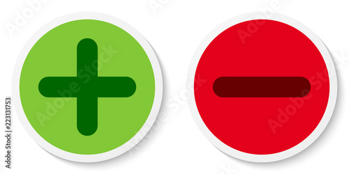 Set of flat round plus & minus sign icons, buttons, stickers. Positive and negative symbols. Vector EPS 10