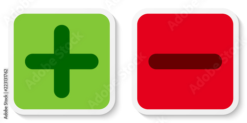 Set of flat square plus & minus sign icons, buttons, stickers. Positive and negative symbols. Vector EPS 10
