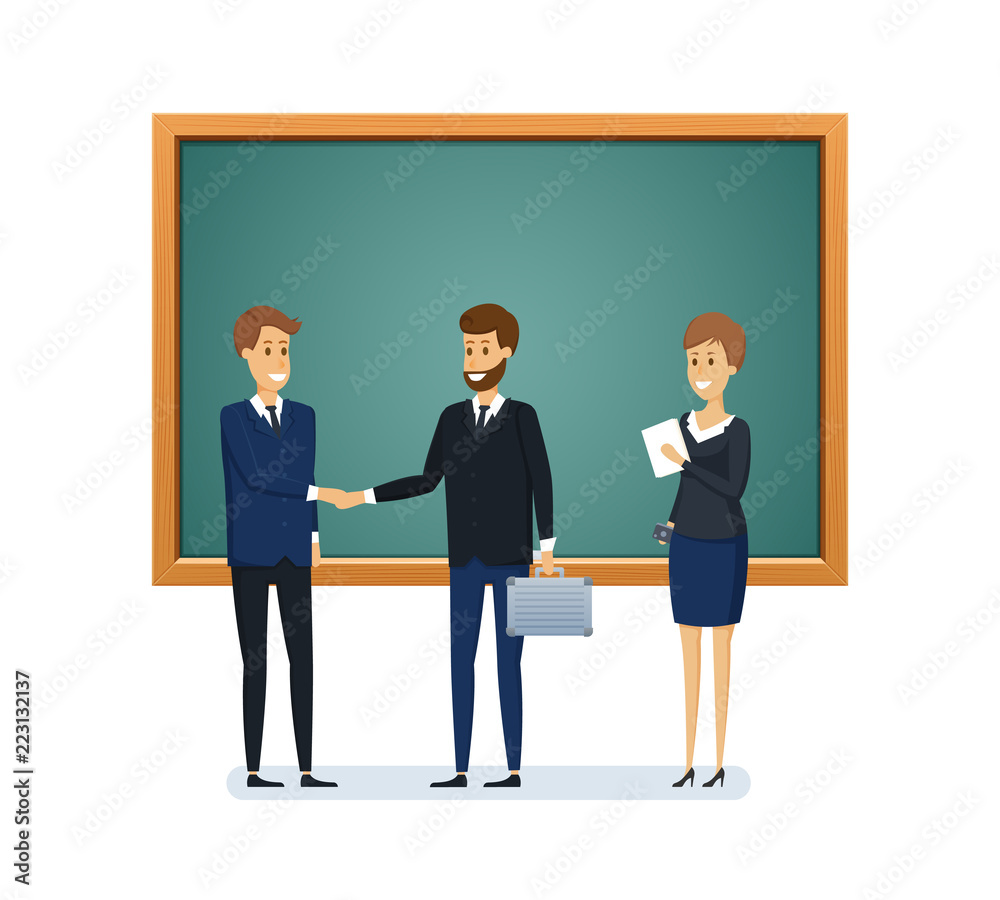 Colleagues from school next to blackboard. Teaching, learning, knowledge. Colleagues from school next to blackboard. Teaching, learning, knowledge.