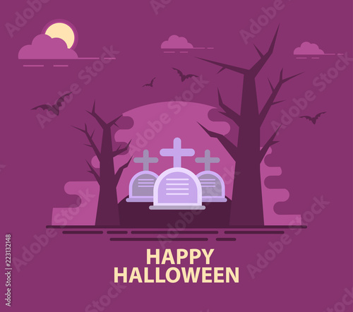 Halloween night party.Template of a festive poster.Greeting card.Holiday night trees and moon,gravestone.Banner flat vector.