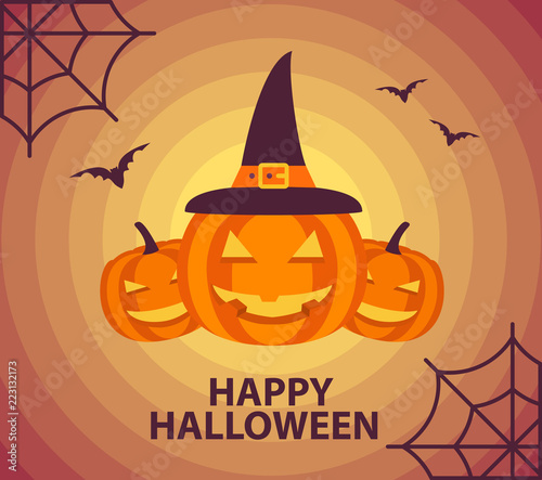 Happy Halloween.Holiday symbol.Pumpkin head lamp jack smiling.Template of a festive poster.Web and spider.Horizontal banner flat vector.