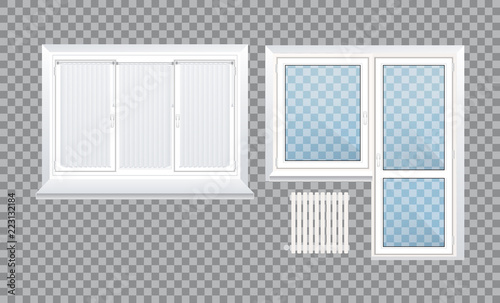 Realistic glass transparent plastic windows with window sills and sashes.