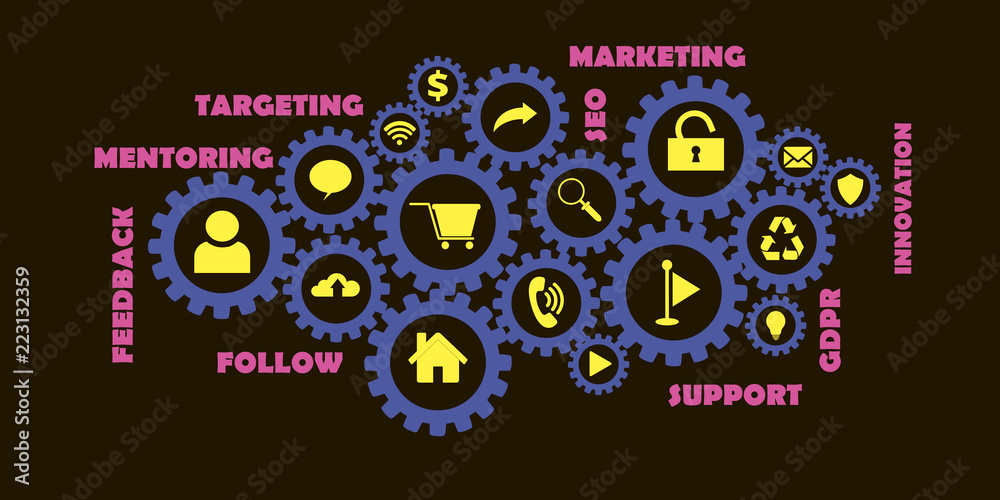 Gears mechanism concept. New internet web technology. Marketing, strategy, SEO, Targeting, Support tag cloud. Words and icons Gears mechanism concept. New internet web technology. Marketing, strategy, SEO, Targeting, Support tag cloud. Words and icons