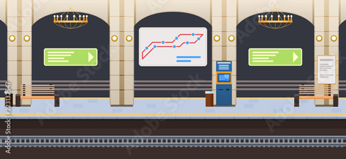 Interior of underground metro station. Information signs, signboard with route.