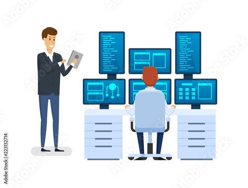 Server room, equipping network administrator's workplace, monitoring database.