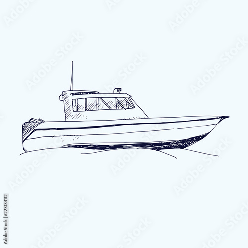 Motorboat, hand drawn doodle, sketch, black and white vector illustration