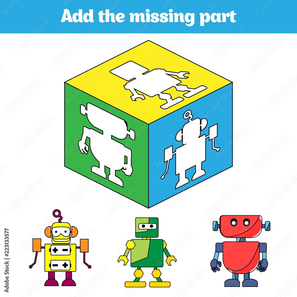 Puzzle game. Visual Educational Game for children. Task: find the missing parts. Worksheet for preschool kids. Vector illustration