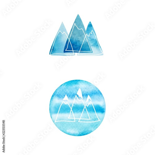 Blue watercolor background. Mountains. Illustration.