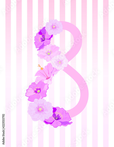 Postcard on March 8. A figure with flowers. Spring. Bloom. Illustration.