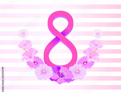 Postcard on March 8. A figure with flowers. Spring. Bloom. Illustration.