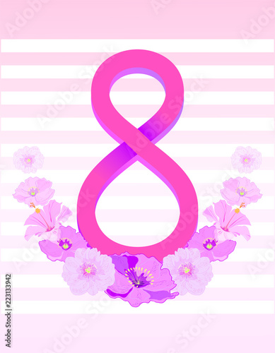 Postcard on March 8. A figure with flowers. Spring. Bloom. Illustration.