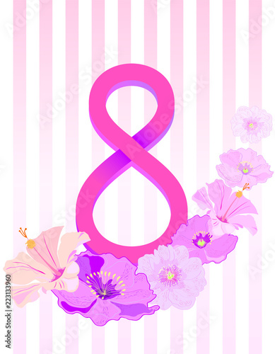 Postcard on March 8. A figure with flowers. Spring. Bloom. Illustration.