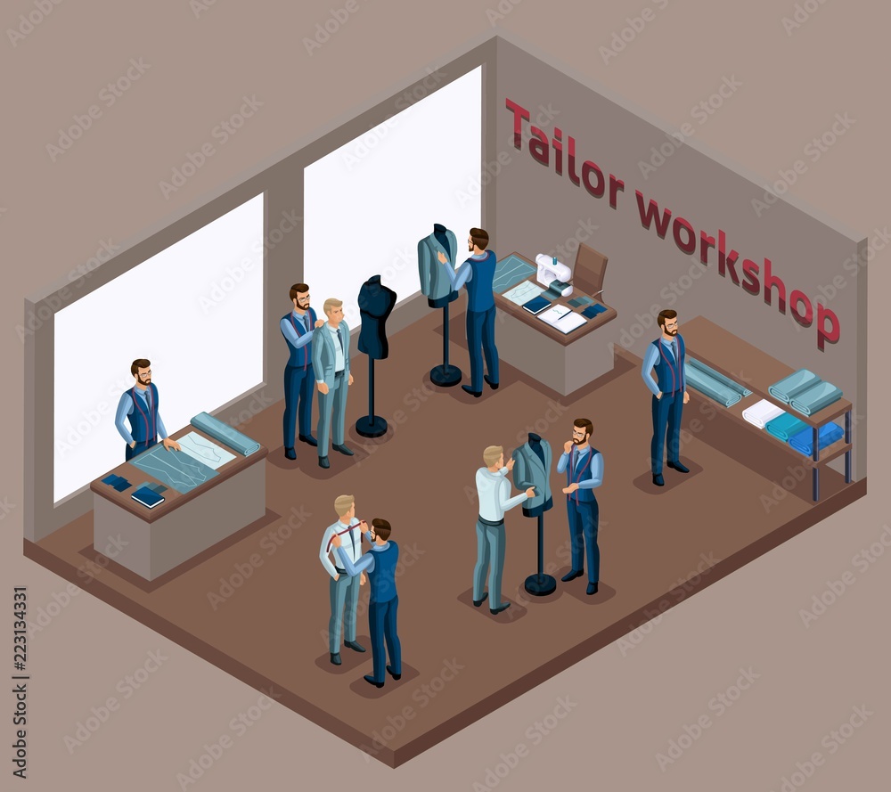 Isometric tailor, work with a client in a sewing workshop, fitting clothes, sewing fashionable clothes, many tailors. The entrepreneur working for himself, his o Isometric tailor, work with a client in a sewing workshop, fitting clothes, sewing fashionable clothes, many tailors. The entrepreneur working for himself, his o