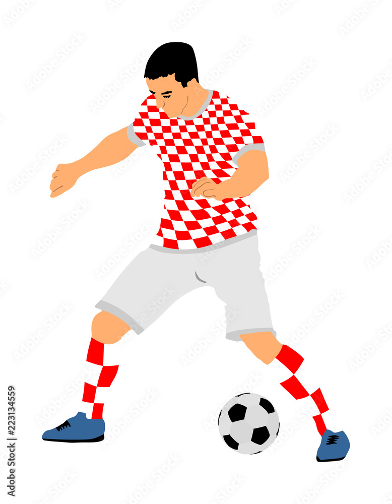 Croatian soccer player in action vector illustration isolated on white background. Football player battle for the ball and position. Member of Croatia national team.