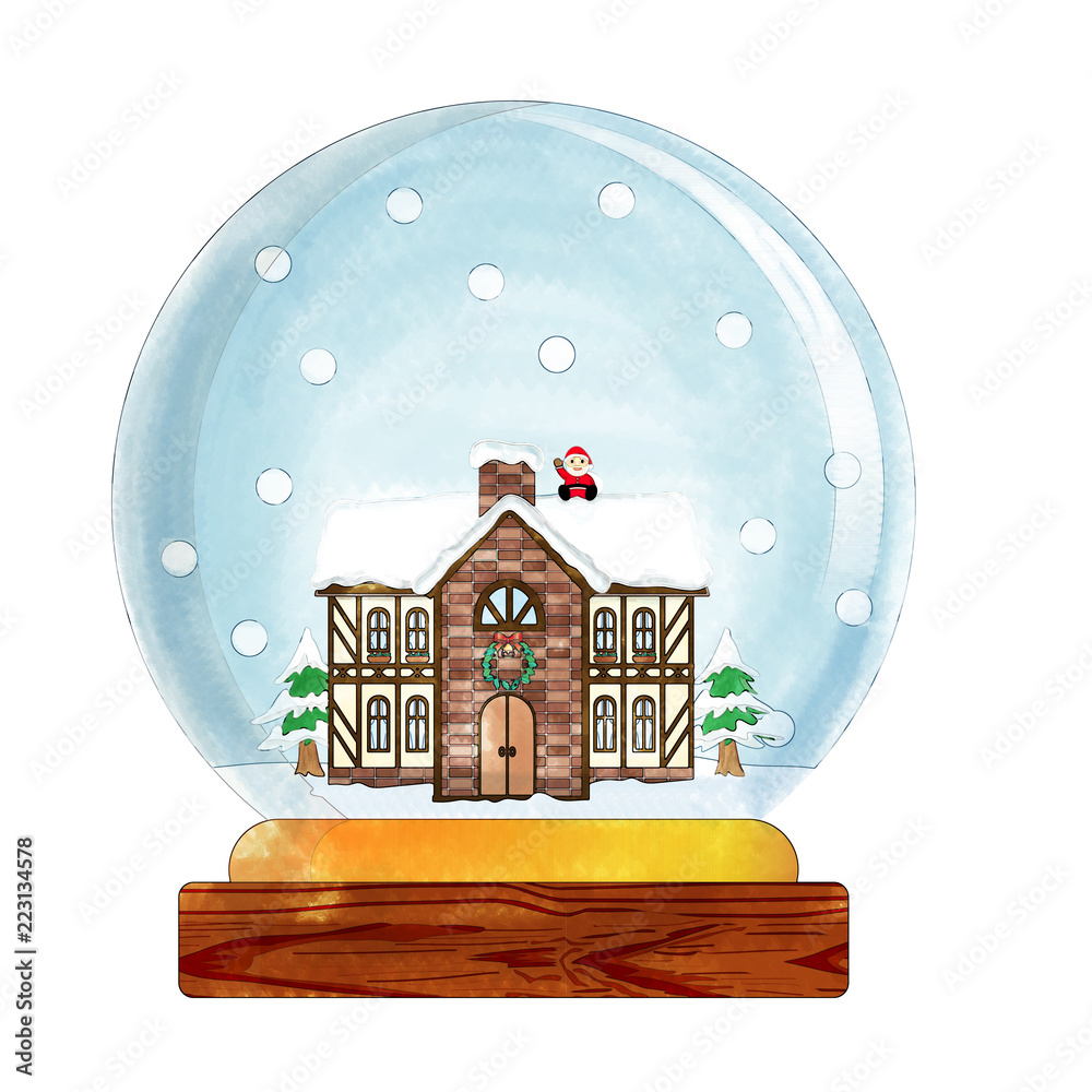スノードームの水彩イラスト 雪景色の西洋風の煙突の家とサンタクロース Snow Dome Globe Stock イラスト Adobe Stock