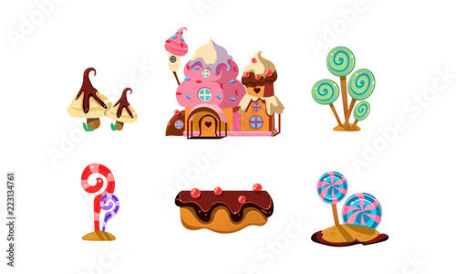 Sweet candy land, cute cartoon elements of fantasy landscape for mobile game design interface vector Illustration on a white background