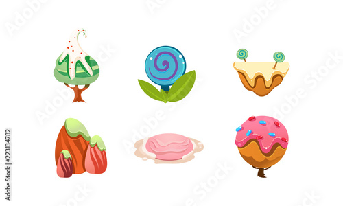 Sweet candy land design elements, cute cartoon fantasy plants for mobile game interface vector Illustration on a white background