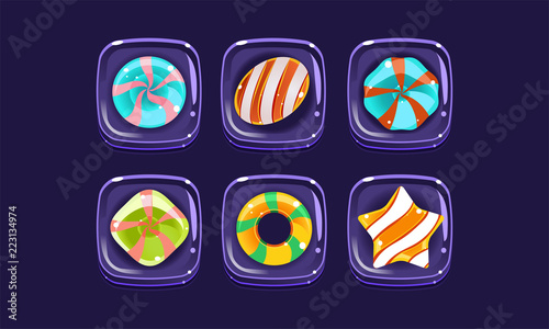 Glossy colorful shapes set, sweet square candy blocks, assets for user interface GUI for mobile apps or video games vector Illustration