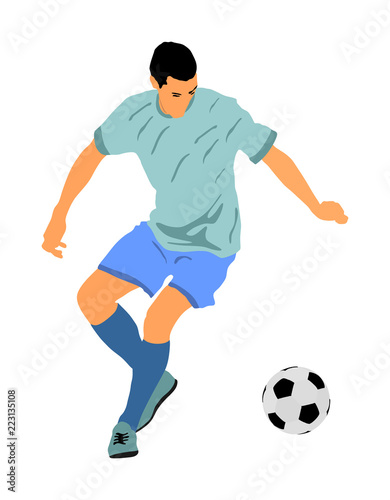Soccer player with ball in action vector illustration isolated on white background. Football player battle for the ball and position. Member of super star team. Sport activity with ball on training. © dovla982