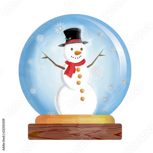 スノードームの水彩イラスト｜マフラーを巻いた雪だるま・スノーマン｜snow dome,globe