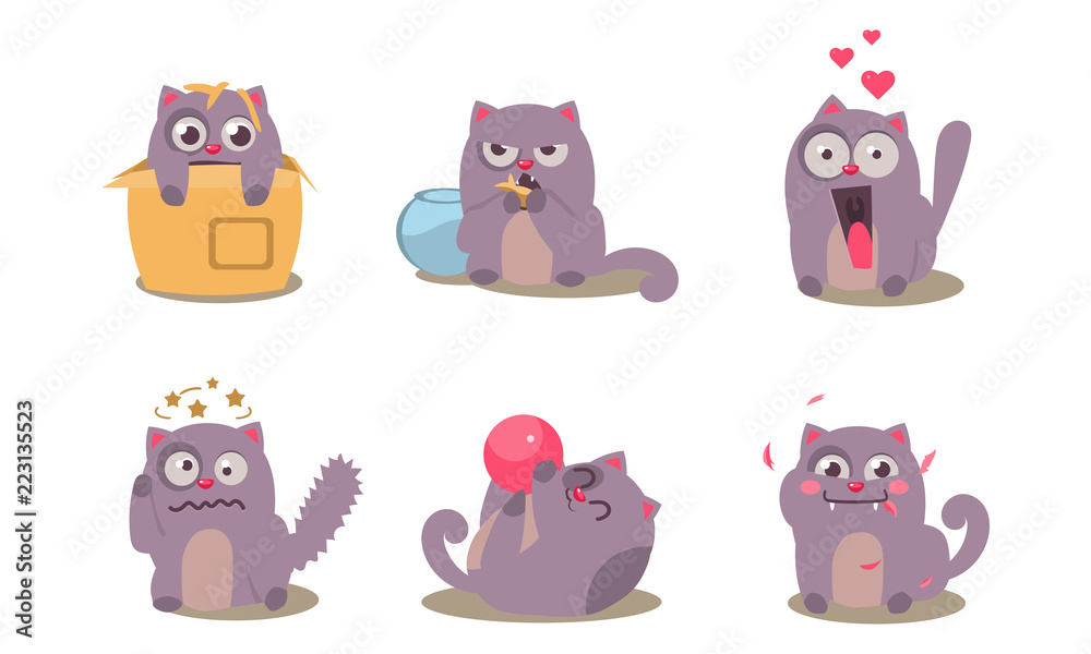 Obraz premium Grey mischievous cat in different situations with various emotions set, funny animal character vector Illustration on a white background