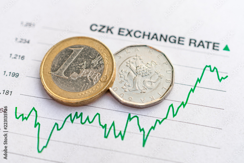 Czech koruna euro exchange rate: Czech koruna and euro coins placed on a  green graph showing increase in currency exchange rate Stock Photo | Adobe  Stock