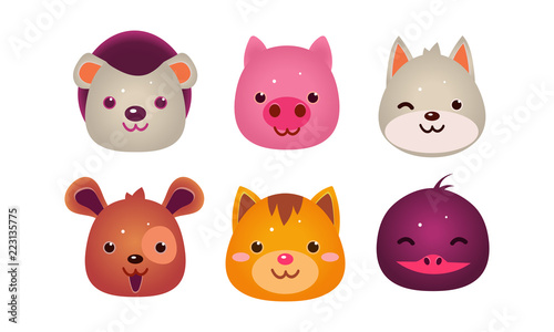 Heads of cute animals set, bear, face of dog, cat, bird, pig, user interface assets for mobile apps or video games vector Illustration on a white background