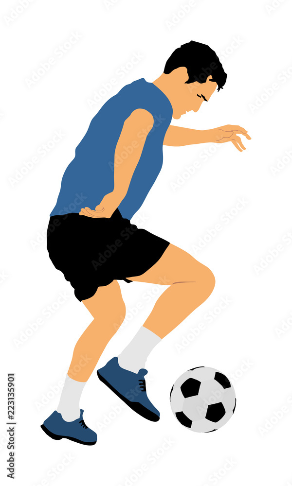Soccer player with ball in action vector illustration isolated on white background. Football player battle for the ball and position. Member of super star team. Sport activity with ball on training.