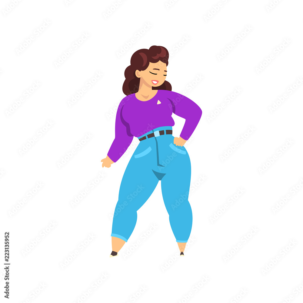 Brunette plump, curvy, overweight girl, plus size model in fashionable clothes, body positive vector Illustration on a white background