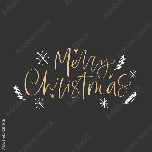 Merry Christmas greeting card with hand drawn design elements. Handwritten modern lettering.