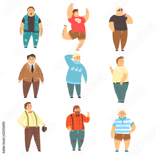 Handsome overweight men set, fat guys in fashionable clothes, body positive vector Illustrations on a white background