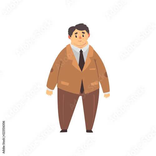 Handsome overweight man dressed brown suit, fat guy in fashionable clothes, body positive vector Illustration on a white background