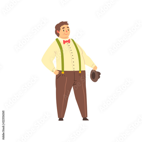 Handsome overweight man wearing pants with suspenders, shirt and a bow tie, fat guy in fashionable clothes, body positive vector Illustration on a white background