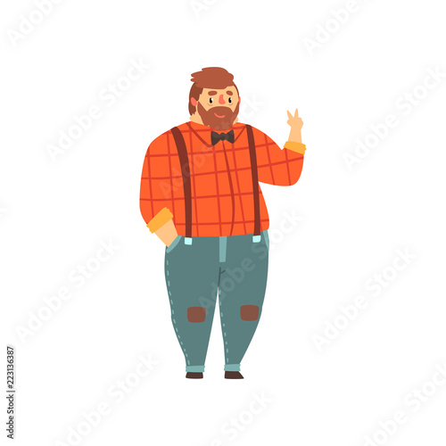 Hipster overweight man in casual clothes, fat guy in fashionable clothes, body positive vector Illustration on a white background