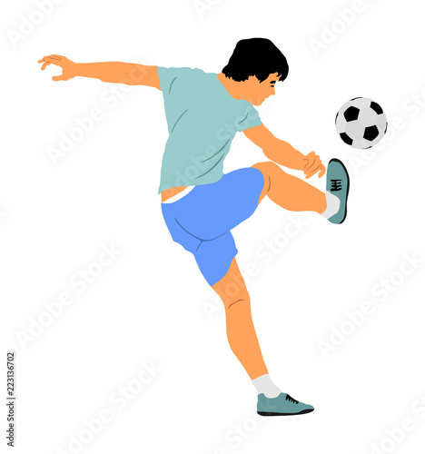 Fototapeta Naklejka Na Ścianę i Meble -  Soccer player with ball in action vector illustration isolated on white background. Football player battle for the ball and position. Member of super star team. Sport activity with ball on training.