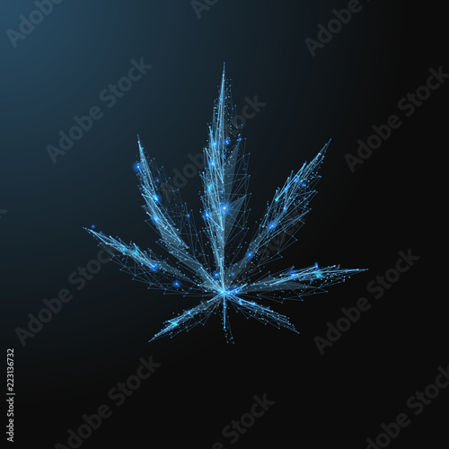 Marijuana leaf. Low poly blue. Polygonal abstract health illustration. In the form of a starry sky or space. Vector image in RGB Color mode.