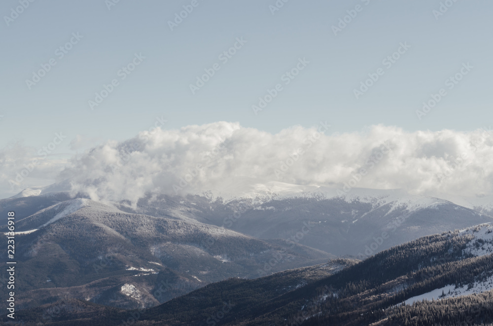 Cloudy mountain landscape. Dragobrat, Carpathian mountains, Ukraine