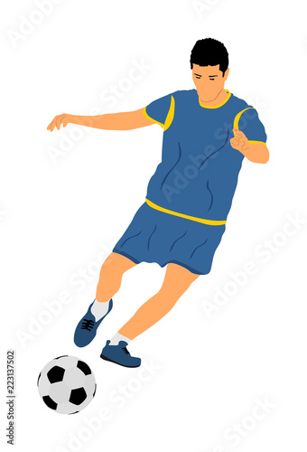 Soccer player with ball in action vector illustration isolated on white background. Football player battle for the ball and position. Member of super star team. Sport activity with ball on training.